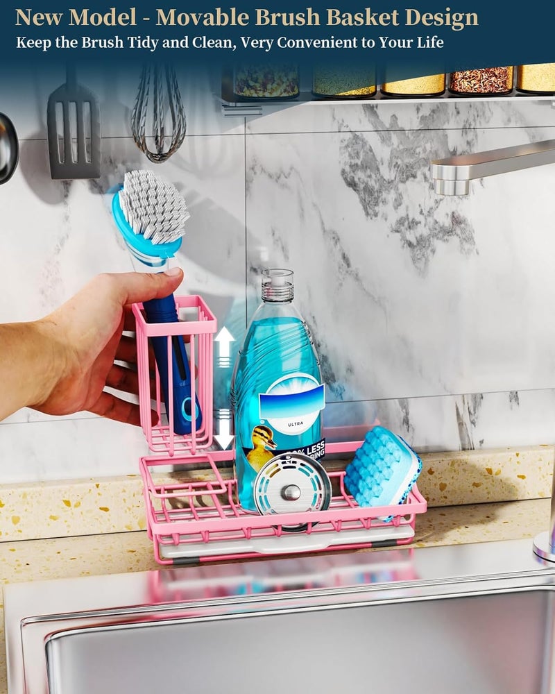 Consumest Sponge Holder for Kitchen Sink - Kitchen Sink Caddy Organizer with Removable Drip Tray for Countertop Dish Soap Dispenser Brush Storage Accessories 304 Stainless Steel, Pink - Image 2